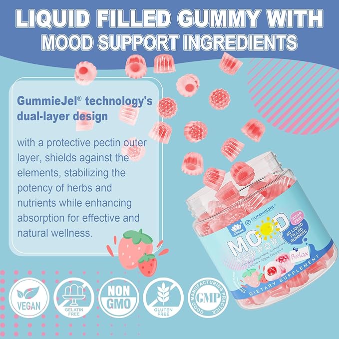 Sugar Free Ashwagandha Mood Support Filled Gummies for Women Men, Calm Gummy with Vitamin D3 B6, Vegan Omega 3, L-Theanine, CoQ10 & Rhodiola Rosea, Natural Relax Calming Supplement, Vegan, 120Cts