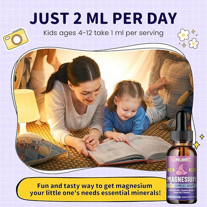 Kids Magnesium Liquid Drops-Magnesium Glycinate Liquid for Kids Supplement-w/L-theanine, Omega-3, Vitamin B6, D3 - for Sleep, Relaxation, Brain, Bones - Peach Flavor, 4 Fl Oz