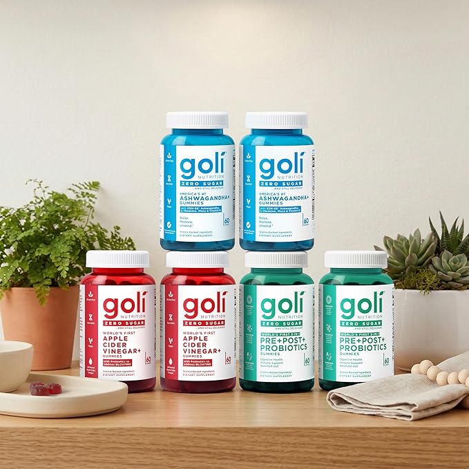 Goli Zero Sugar 6 Pack Bundle - World's First 3-in-1 Pre, Post, Probiotic, Apple Cider Vinegar with Vitamin B12 and Probiotics to Address Bloating, Ashwagandha & L-Theanine, Vitamin D Gummies