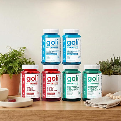 Goli Zero Sugar 6 Pack Bundle - World's First 3-in-1 Pre, Post, Probiotic, Apple Cider Vinegar with Vitamin B12 and Probiotics to Address Bloating, Ashwagandha & L-Theanine, Vitamin D Gummies
