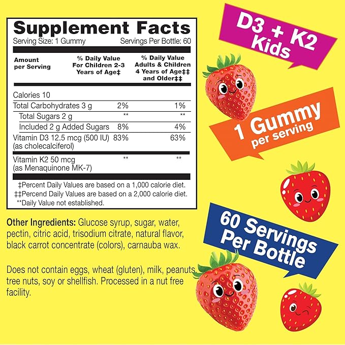 WellYeah Vitamin D3 + K2 for Kids Gummies - Vitamin D3 1000 IU, K2 100 MCG - Bone and Muscle Health Support, Natural Flavors, GMO Free, Gluten Free, Vegan - K2 D3 Vitamin Supplement- 60 Gummies