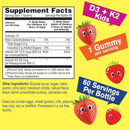 WellYeah Vitamin D3 + K2 for Kids Gummies - Vitamin D3 1000 IU, K2 100 MCG - Bone and Muscle Health Support, Natural Flavors, GMO Free, Gluten Free, Vegan - K2 D3 Vitamin Supplement- 60 Gummies