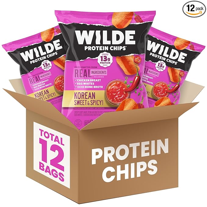 WILDE Protein Chips, Korean Sweet & Spicy, High Protein Snacks for Adults, Keto Chips, Gluten Free, Low Carb Snack Box Made with Real Ingredients 1.34oz Bags, Pack of 12