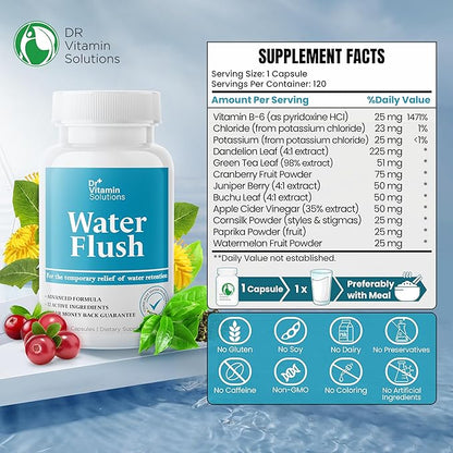 Diuretic Water Pills for Weight Control - Instant Relief from Bloat and Swelling - Green Tea, Cranberry, Dandelion Leaf Extract - Water Retention Pills for Women & Men, 120 Caps