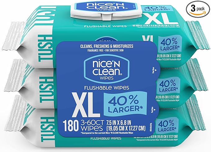 Nice 'N CLEAN Extra Large Flushable Wipes | 40% Larger Wipes | 6.8" x 7.5" Unscented XL Adult Wet Wipes | Septic and Sewer Safe | Fragrance Free, Hypoallergenic, Plant Based | 180 Butt Wipes