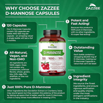 Zazzee D-Mannose, 1000 mg per Serving, 120 Vegan Capsules, 2 Month Supply, Potent & Fast-Acting, Certified Kosher, 100% Pure, All-Natural Urinary Tract Health Support, 100% Vegetarian, Non-GMO
