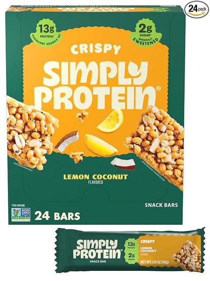 Simply Protein - Lemon Coconut Crispy Bars - Plant Based Protein Bars - Low Carb, Low Sugar, High Fiber - 13g Protein, 2g Sugar, 7g Fiber - Vegan, Gluten Free, Non GMO, Kosher - 24 Bars