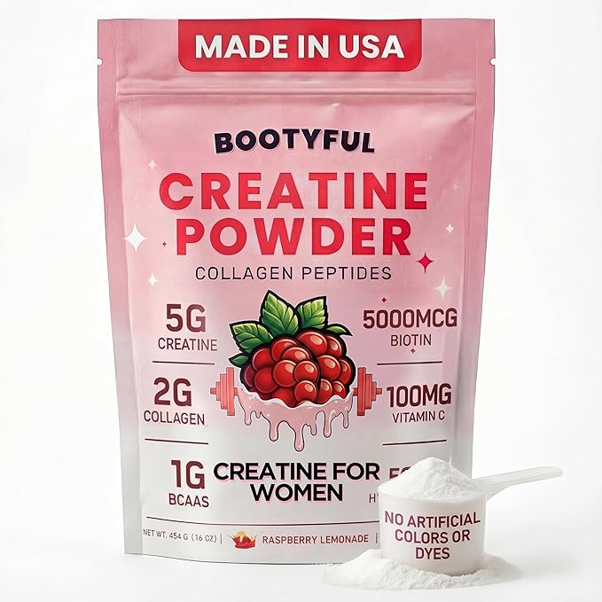 Creatine for Women – Booty Builder – Packed with Collagen, Biotin, BCAAs, Hyaluronic Acid, Vitamin C & Creatine Monohydrate Powder – Lean Muscle & Skin Hydration Support – Pink Lemonade, 30 Servings