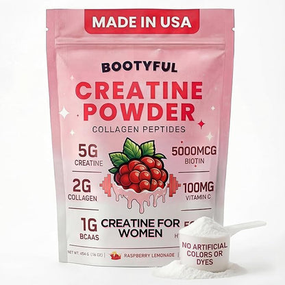 Creatine for Women – Booty Builder – Packed with Collagen, Biotin, BCAAs, Hyaluronic Acid, Vitamin C & Creatine Monohydrate Powder – Lean Muscle & Skin Hydration Support – Pink Lemonade, 30 Servings