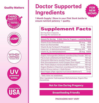 Pink Stork Postpartum Mood Support - Postnatal Hormone Balance for Women - Breastfeeding Friendly - Stress & Cognitive Support, New Mom Essentials - Ashwagandha, Chamomile, & Vitamin D, 60 Capsules