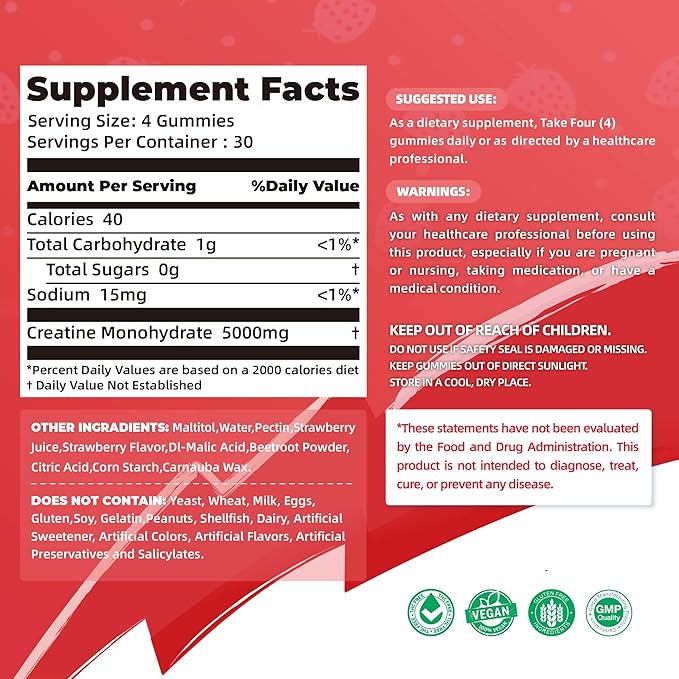 NSF Certified Creatine Gummy - Creatine Monohydrate Gummies 5000mg for Men & Women -120 Gummies Advanced Formula, Muscle Strength, Muscle Builder, Energy Boost, Pre-Workout Supplement-Strawberry