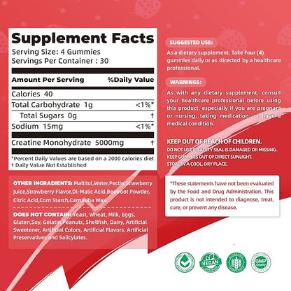 NSF Certified Creatine Gummy - Creatine Monohydrate Gummies 5000mg for Men & Women -120 Gummies Advanced Formula, Muscle Strength, Muscle Builder, Energy Boost, Pre-Workout Supplement-Strawberry