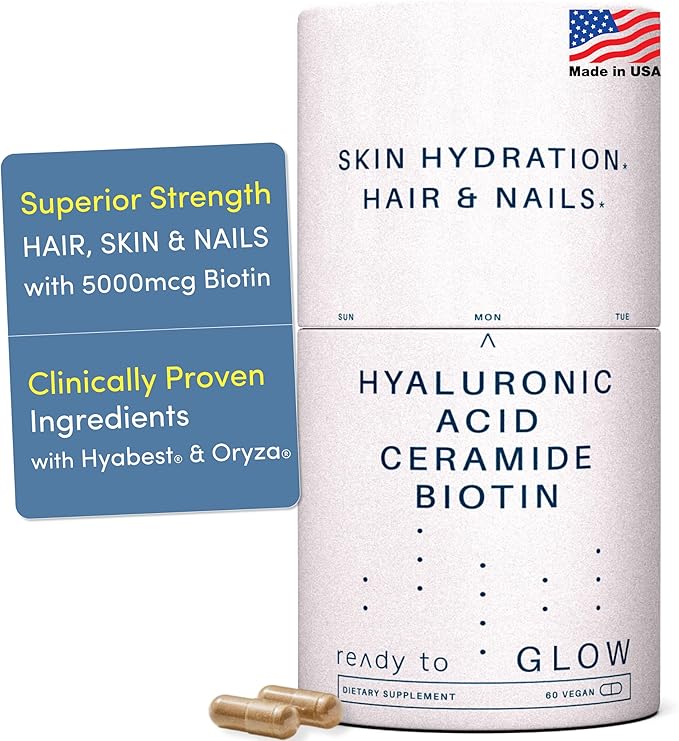 GLOW Anti Aging Supplement - Hyabest® Hyaluronic Acid, Phytoceramides, 5000 mcg Biotin, Vitamin A, C, E, Zinc - Hair Skin Nails Vitamins for Women & Men - Wrinkles & Skin Hydration - 60 Capsules