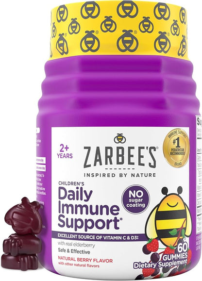 Zarbee's No Sugar Coating Elderberry Gummies for Kids, Daily Immune Support* Gummies with Vitamins C, D3 & Zinc to Support a Healthy Immune System*, No Artificial Flavors, Ages 2+, 60 ct