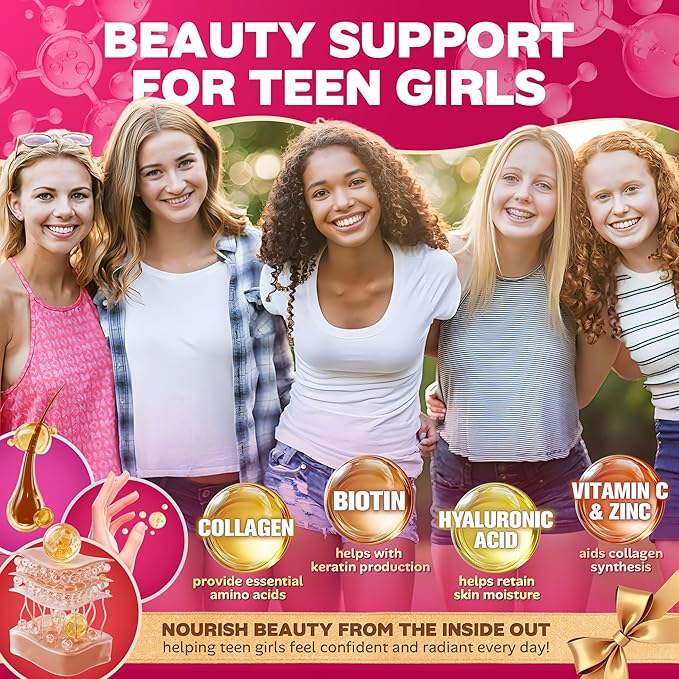 Methylated Multivitamin Gummies for Teen Girls 12-17, Methylfolate, Iron, Collagen, D3 K2, Magnesium, Zinc, Daily Vitamins A C E, B Complex for Teenager Growth, Skin, Bone, Energy - Sugar Free, 60 Cts