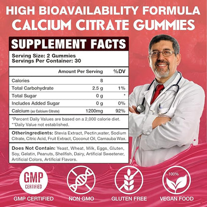 Calcium Citrate Gummies 1200mg for Adults & Kids - Bone & Teeth Support, Easy Absorption, Delicious Raspberry Flavor - Non-GMO, Gluten Free, Vegan - 60 Count