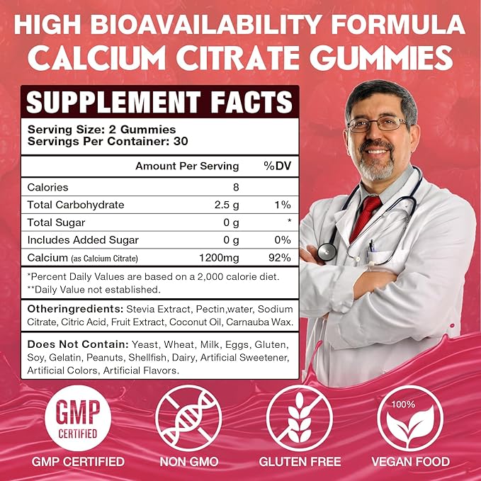 Calcium Citrate Gummies 1200mg for Adults & Kids - Bone & Teeth Support, Easy Absorption, Delicious Raspberry Flavor - Non-GMO, Gluten Free, Vegan - 120 Count