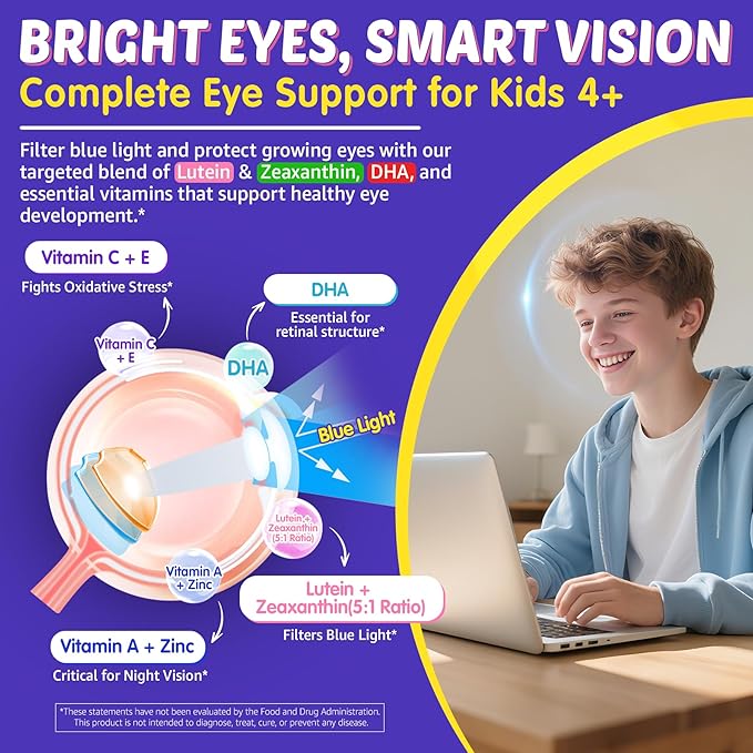 Kids Multivitamin Gummies with Iron, 450mg Algae Omega-3, Methylated B12, Folate, Fiber 2g, Probiotics, Magnesium, A, C, D, K, Zinc, Children Vitamins for Growth, Brain, Eye, Gut, Immune, Sugar Free