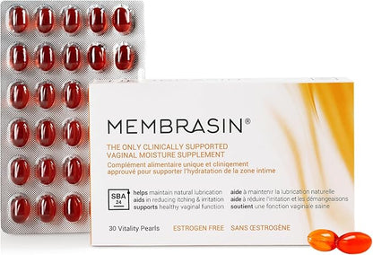 Membrasin Vaginal Moisture Support Vitality Pearls, Menopause Supplement for Vaginal Dryness & Itch, Estrogen-Free Supplement, 100% Natural Formula, Made with Sea Buckthorn Oil, 30 Oral Softgels