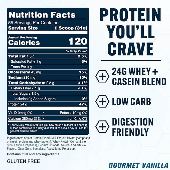 PEScience Select Protein Powder, Whey and Casein Blend, Lean Protein Powder for Women and Men, Low Calorie, Low Carb, Keto Friendly, Gluten Free, Gourmet Vanilla - 55 Servings