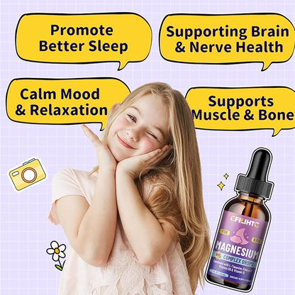 Kids Magnesium Liquid Drops-Magnesium Glycinate Liquid for Kids Supplement-w/L-theanine, Omega-3, Vitamin B6, D3 - for Sleep, Relaxation, Brain, Bones - Mixed Berry Flavor, 4 Fl Oz