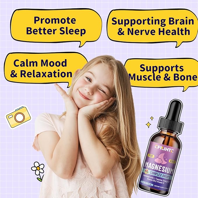 Kids Magnesium Liquid Drops-Magnesium Glycinate Liquid for Kids Supplement-w/L-theanine, Omega-3, Vitamin B6, D3 - for Sleep, Relaxation, Brain, Bones - Mixed Berry Flavor, 2 Fl Oz