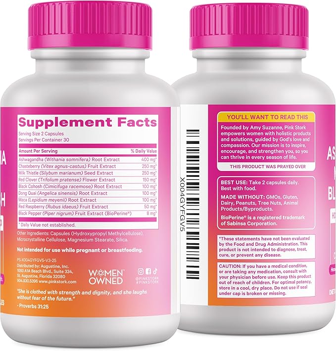 Pink Stork Ashwagandha, Maca Root & Black Cohosh Natural Perimenopause & Hormone Balance Supplement for Women – Mood, Stress, Adrenal, & Cortisol Support - 60 Capsules