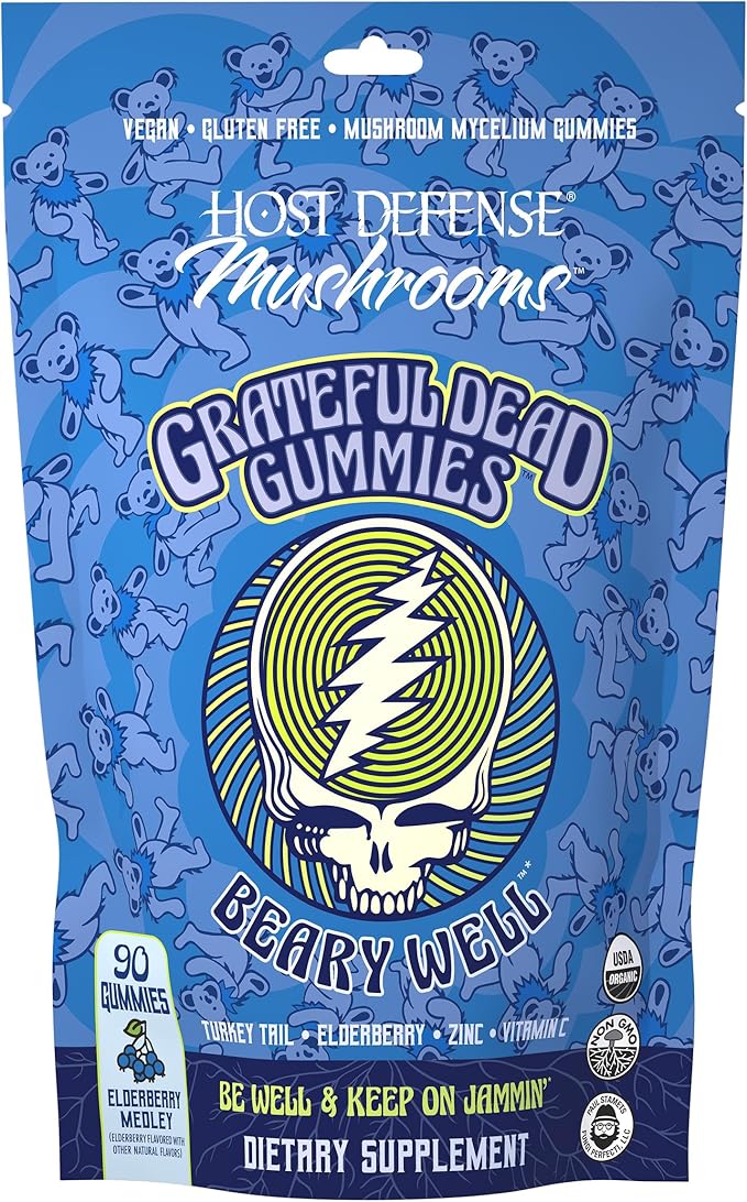 Host Defense Beary Well Grateful Dead Gummies - Mushroom Gummies with Agarikon, Turkey Tail, Chaga, Elderberry, Vitamin C & Zinc - Upper Respiratory System Health and Immune Support (30 Servings)
