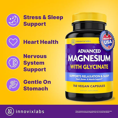 InnovixLabs Advanced Magnesium Capsules - 150 Ct, 210 mg - Chelated Glycinate and Malate - High Absorption, Promotes Relaxation, Bones, Muscle Health, Vegan Malate Sleep Supplement (Pack of 2)