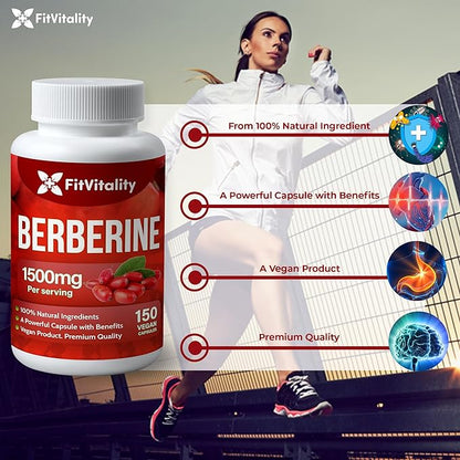 Premium Berberine Supplement, 150 Capsules – 50 Days Supply, 1500mg Berberine Per Serving, Berberine HCI, Made from 100% Pure & Natural Ingredients, Non-GMO, Gluten-Free.