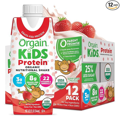 Orgain Organic Kids Nutritional Protein Shake, Strawberry, Healthy Kids Snacks, 8g Dairy Protein, 3g of Fiber, 22 Vitamins & Minerals, No Soy ingredients, Gluten Free, Non-GMO, 8.25 Fl Oz (Pack of 12)