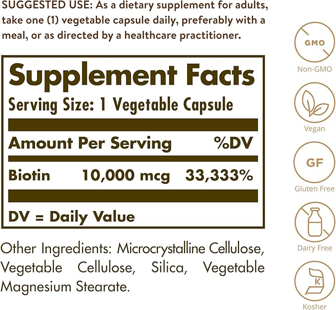 Solgar Biotin 10,000 mcg, 60 Vegetable Capsules - Energy, Metabolism, Promotes Healthy Skin, Nails & Hair - Super High Potency - Non-GMO, Vegan, Gluten Free, Dairy Free, Kosher - 60 Servings