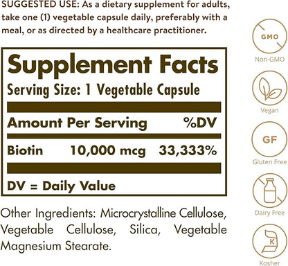 Solgar Biotin 10,000 mcg, 60 Vegetable Capsules - Energy, Metabolism, Promotes Healthy Skin, Nails & Hair - Super High Potency - Non-GMO, Vegan, Gluten Free, Dairy Free, Kosher - 60 Servings