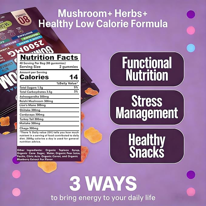 Organic Functional Mushroom Gummies with Ashwagandha | 2500MG | 20% More Gummies | Vegan, Gluten-Free, Non-GMO | 80 Count