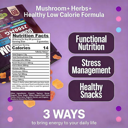 Organic Functional Mushroom Gummies with Ashwagandha | 2500MG | 20% More Gummies | Vegan, Gluten-Free, Non-GMO | 80 Count