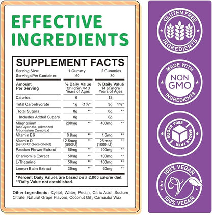 Magnesium Gummies for Kids - Magnesium Glycinate Gummies Supplement with L-Theanine, Vitamin B6, D3 for Kids & Adults - Support Calm, Sleep, Relaxation, Brain, Bones, Sugar Free Grape 60ct