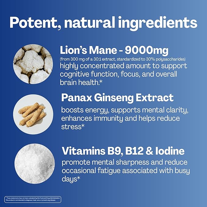 URVI Lion's Mane Gummies 5-in-1 – 9000mg Lion's Mane, Panax Ginseng, Folate 5-MTHF, B12 & Iodine – Nootropic Brain Supplement, Boosts Memory, Focus & Energy – Sugar-Free – Cola Flavor – 60 Count