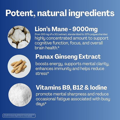 URVI Lion's Mane Gummies 5-in-1 – 9000mg Lion's Mane, Panax Ginseng, Folate 5-MTHF, B12 & Iodine – Nootropic Brain Supplement, Boosts Memory, Focus & Energy – Sugar-Free – Cola Flavor – 60 Count