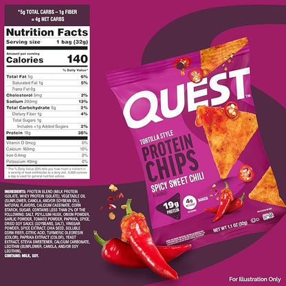 Quest Nutrition Spicy Sweet Chili Tortilla Chip, 19g Protein, 4g Net Carb, Low Carb, Gluten Free, 1.1 oz 4 count
