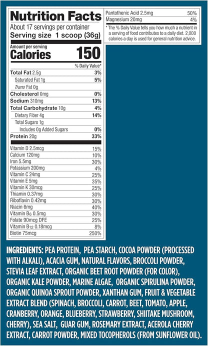 Vega Protein + Nutrition - 20g Plant-Based Pea Protein, Chocolate, 17 Servings, Vegan Keto Superfood, Antioxidant-Rich, Gluten Free, Dairy Free, Low Carb, 1.4lbs (Packaging May Vary)