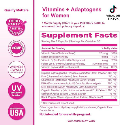 Pink Stork Cortisol Supplements for Women - Adaptogenic Adrenal Support & Hormone Balance with Organic Ashwagandha, Omega 3 DHA, Saffron, Multivitamins - Mood Support - 60 Count