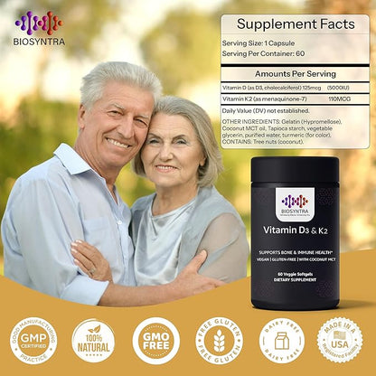 Vitamin D3+K2 with Coconut Oil - Vegan Vitamin D 5,000 IU & MK7 Vitamin K 110mcg for Bone, Heart & Immune Support, Non-GMO, Third Party Tested, Soy Free, High Absorption 60 Veggie Softgels