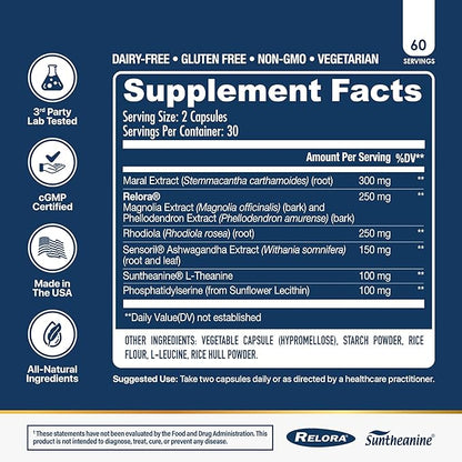 NuEthix Formulations Cort-Eaze - Cortisol Supplement - Health Support Supplement with Ashwagandha, L-Theanine & Rhodiola Rosea - Relaxation and Deep Sleep, 60 Capsules, 30 Servings