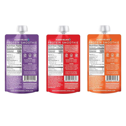 Designer Wellness Protein Smoothie, Real Fruit, 12g Protein, Low Carb, Zero Added Sugar, Gluten-Free, Non-GMO, No Artificial Colors or Flavors, Variety Pack, 12 Count