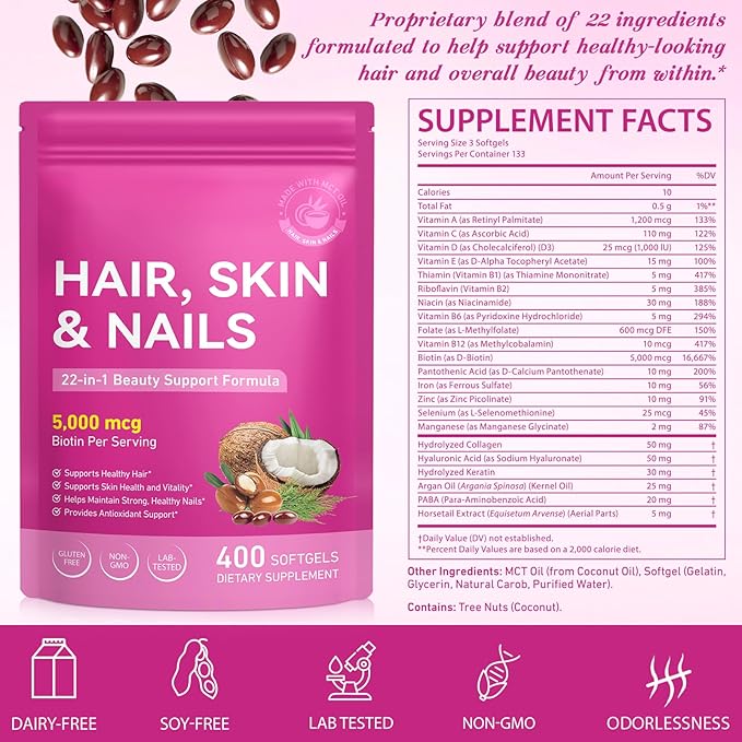 Hair Skin Nail Multivitamin & Biotin, 5000 mcg Biotin of Per Serving with Vitamin A/C/E/B Vitamins/Collagen/Keratin/Argan Oil for Hair/Nail Growth, Radiant Skin Support - for Women & Men|400 Pcs