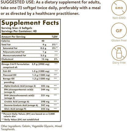 Solgar 1300 mg Omega 3-6-9, 120 Softgels - Fish Oil Supplement - Support for Joint & Skin Health - Includes Flaxseed & Borage - Contains EPA & DHA Omega 3 Fatty Acids - 40 Servings