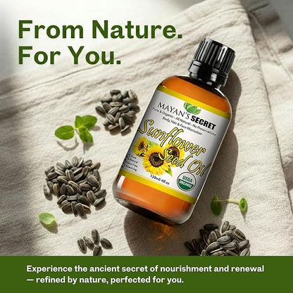 Mayan’s Secret Organic Sunflower Oil – Cold Pressed, Unrefined, High Oleic, Lightweight Moisturizing Sun Flower Oil for Face, Skin & Hair, USDA Certified Organic, 4oz Amber Glass Bottle with Dropper