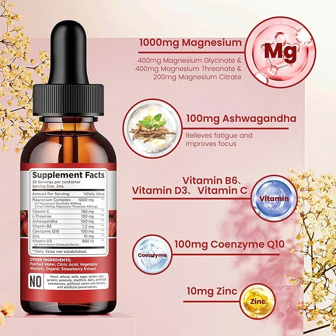 Triple Magnesium Complex Supplement, Magnesium Glycinate, Blend, Citrate Liquid Drops 1000mg with Ashwagandha, CoQ10, Vitamin B6, C, D, Zinc -Support Calm Stress Relief, Bone, Muscle, Mood Vegan