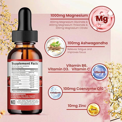Triple Magnesium Complex Supplement, Magnesium Glycinate, Blend, Citrate Liquid Drops 1000mg with Ashwagandha, CoQ10, Vitamin B6, C, D, Zinc -Support Calm Stress Relief, Bone, Muscle, Mood 2 Pack