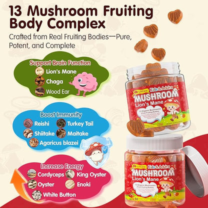 Kids, Teens & Adults Focus Gummies - Lions Mane Mushroom + Saffron + Algae Omega-3, 24-IN-1 Attention Supplement with Chaga, Magnesium, Methylated B12, B6 for Brain, Memory, Energy, Sugar Free, 60Cts